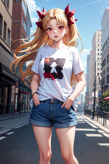 17604-2475551857-masterpiece, best quality, absurdres, Ereshkigal, two side up, hair ribbon, t-shirt, denim shorts, standing, outdoors, city, han.png